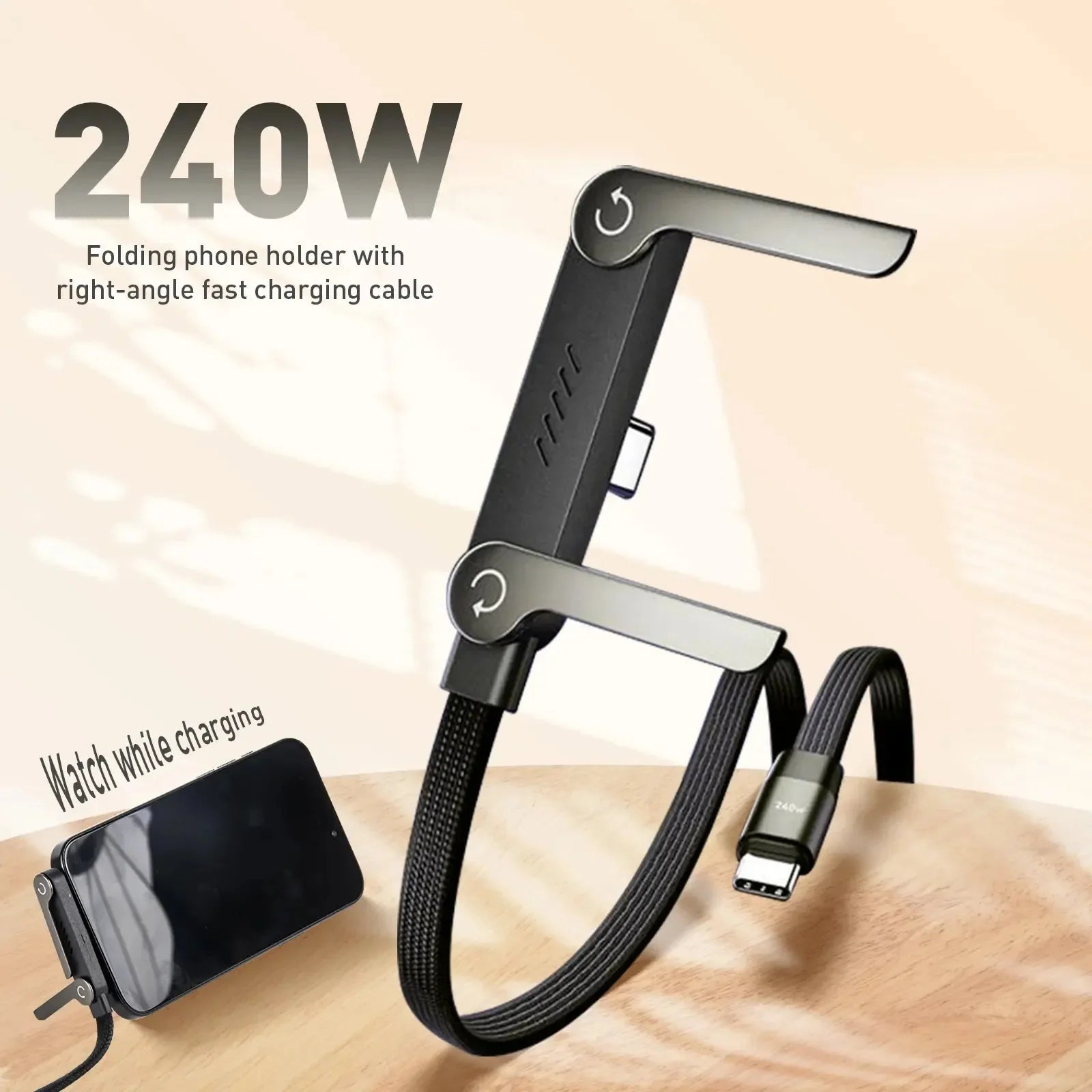 240W 2 - in - 1 USB - C Fast Charging Cable With Foldable Bracket | Type - C Data Cable & Desktop Holder - AlSODEAL
