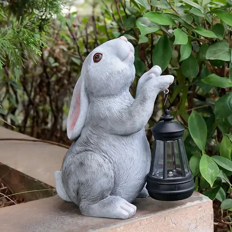 Resin Yutu Holding Lantern Sculpture Hand-Painted Warm Light Design Outdoor Business Gift for Holiday Decoration