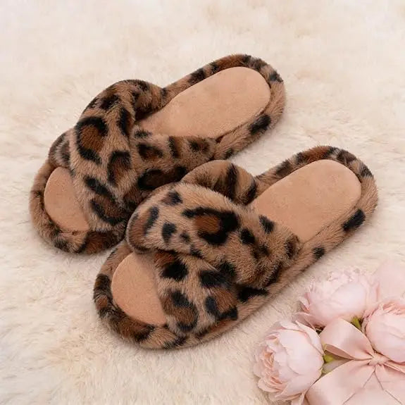 XIXITIAO Women's Leopard Print Faux Fur Slippers Plush Lined Open Toe Slip-On House Shoes with EVA Sole for Indoor Outdoor