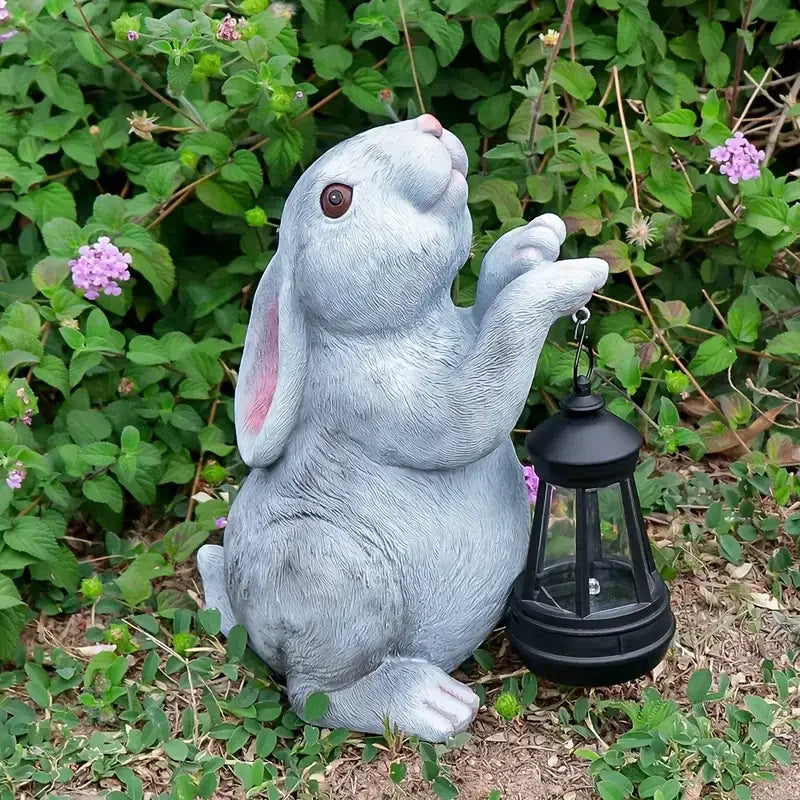 Resin Yutu Holding Lantern Sculpture Hand-Painted Warm Light Design Outdoor Business Gift for Holiday Decoration