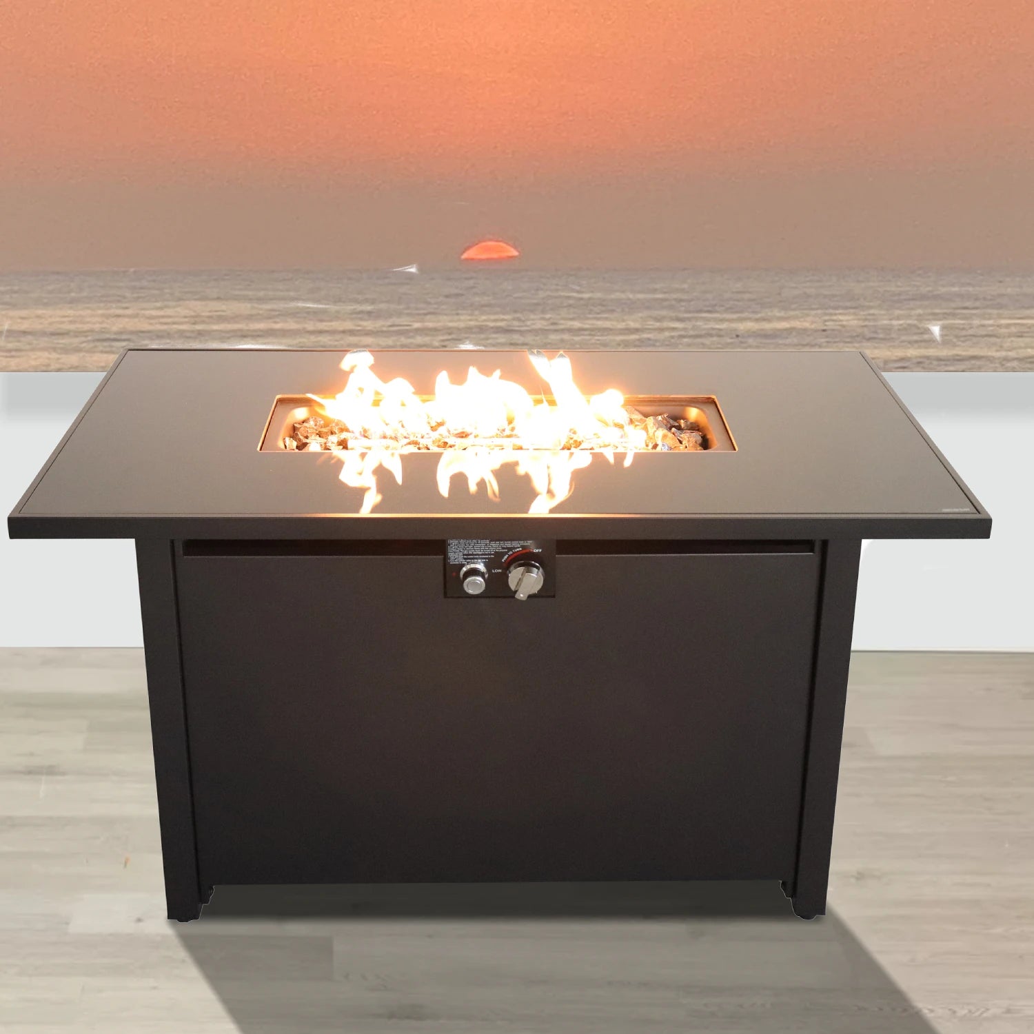 25'' H X 42'' W Black Steel Rectangle Fire Pit Bowl Smoked Glass Metal Outdoor Garden Table Fire Pit Table with Lid