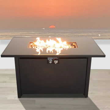25'' H X 42'' W Black Steel Rectangle Fire Pit Bowl Smoked Glass Metal Outdoor Garden Table Fire Pit Table with Lid