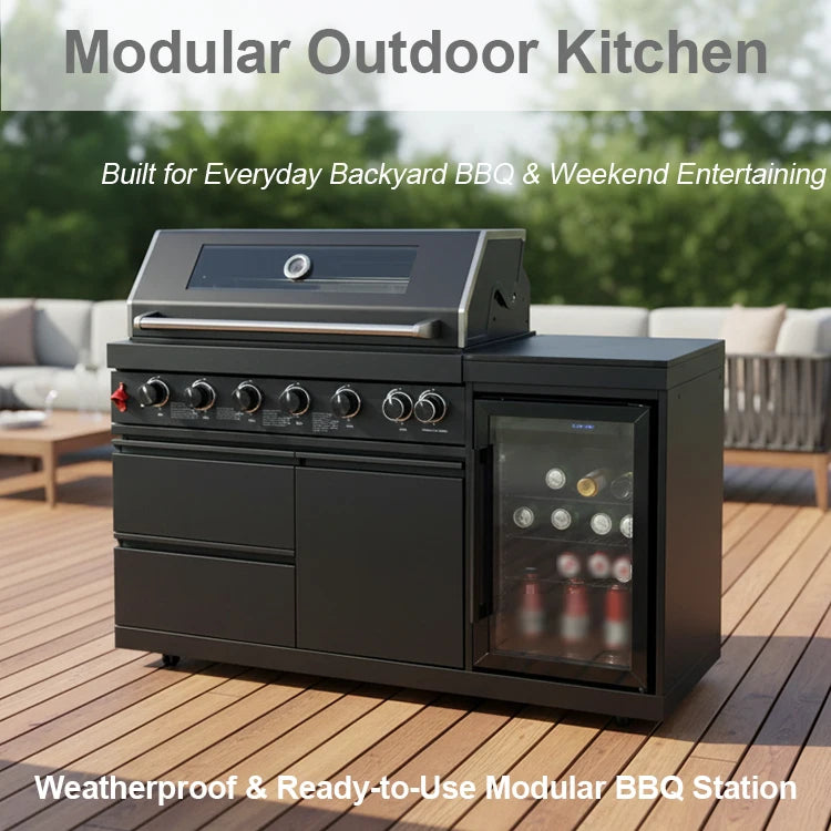 US Overseas Luxury Customized Black Stainless Steel 6-Burner Grill Outdoor Kitchen BBQ Island with Fridge for Custom Backyards