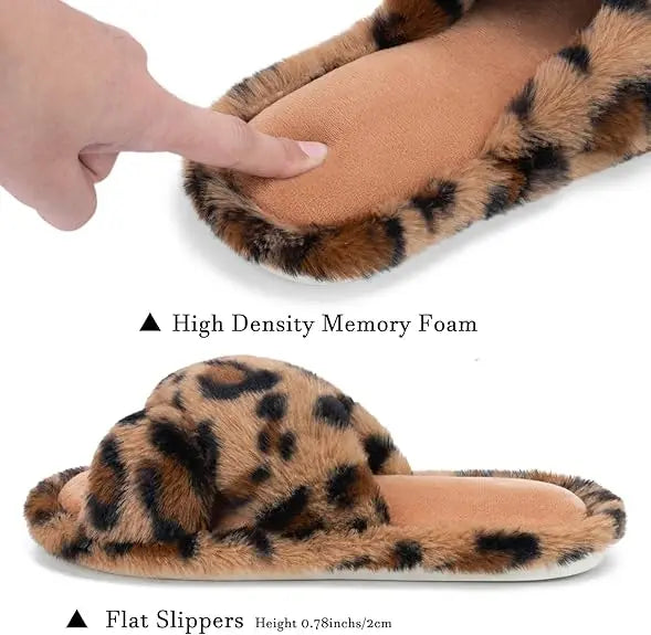 XIXITIAO Women's Leopard Print Faux Fur Slippers Plush Lined Open Toe Slip-On House Shoes with EVA Sole for Indoor Outdoor