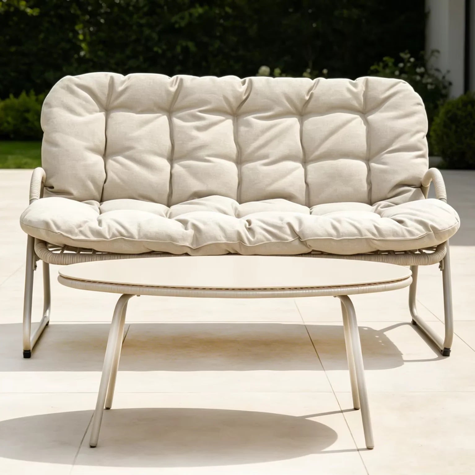Modern Eco-Friendly Durable Outdoor Loveseat Coffee Table Set All-Weather Metal Frame Patio Conversation Thick Cushions Garden