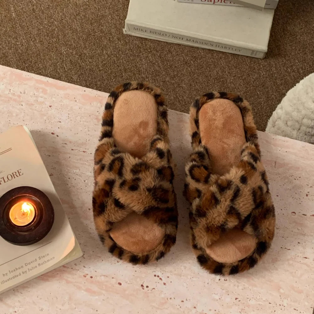 XIXITIAO Women's Leopard Print Faux Fur Slippers Plush Lined Open Toe Slip-On House Shoes with EVA Sole for Indoor Outdoor