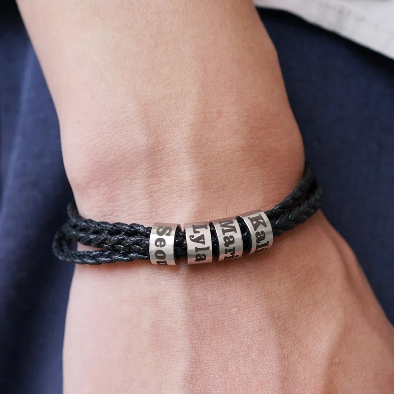 MaiLun 1pc  Personalized Family Names Beads Men Braided Bracelets Customized Names Men Bracelet Father's day Gift