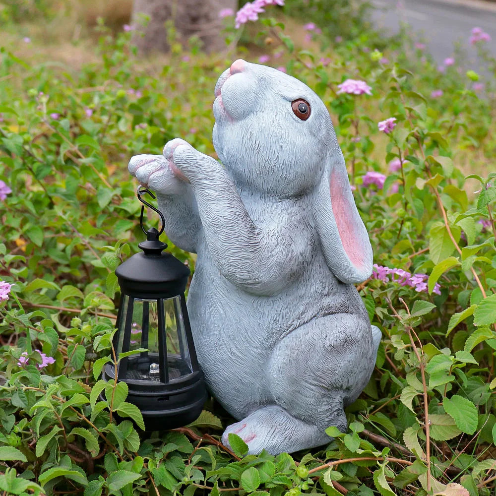 Resin Yutu Holding Lantern Sculpture Hand-Painted Warm Light Design Outdoor Business Gift for Holiday Decoration