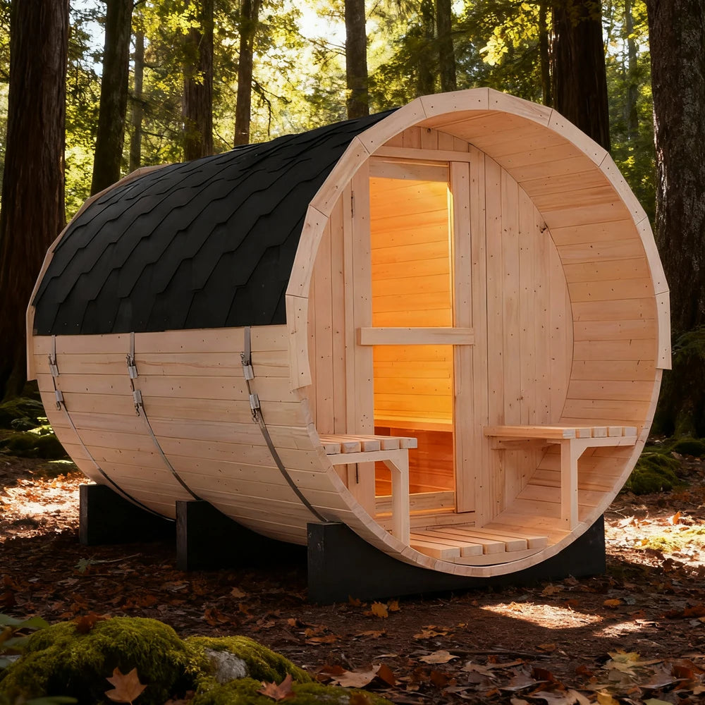 Luxury 6-Person Outdoor Barrel Sauna with Steam Generator | All-in-One Premium White Pine Home Spa Kit for Backyard Relaxation