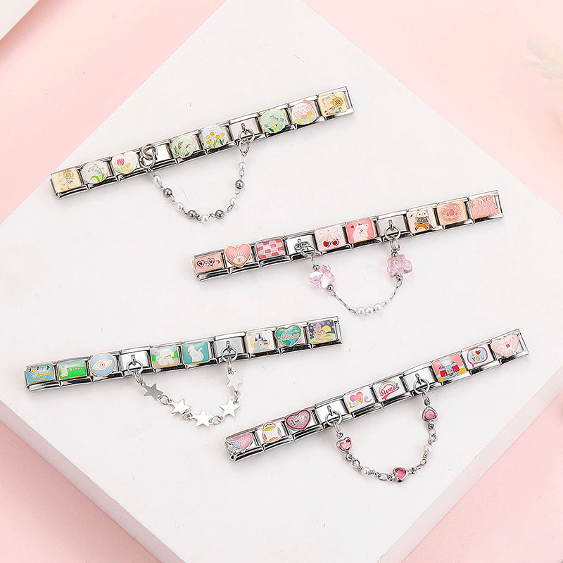 Star Butterfly Heart Zircon Round Pearls Tassel Chain Italian Charm Links Fit 9mm Bracelet Stainless Steel Women DIY Making Gift
