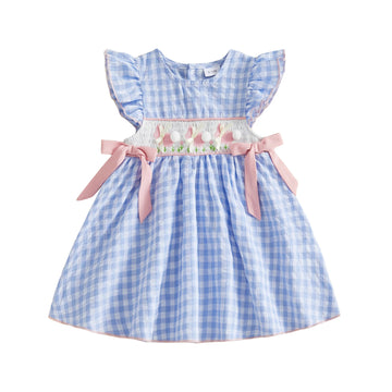 Toddler Baby Girl Easter Dress Flying Sleeve Crew Neck Rabbit Embroidery Plaid Print Bow Decor A Line Dress