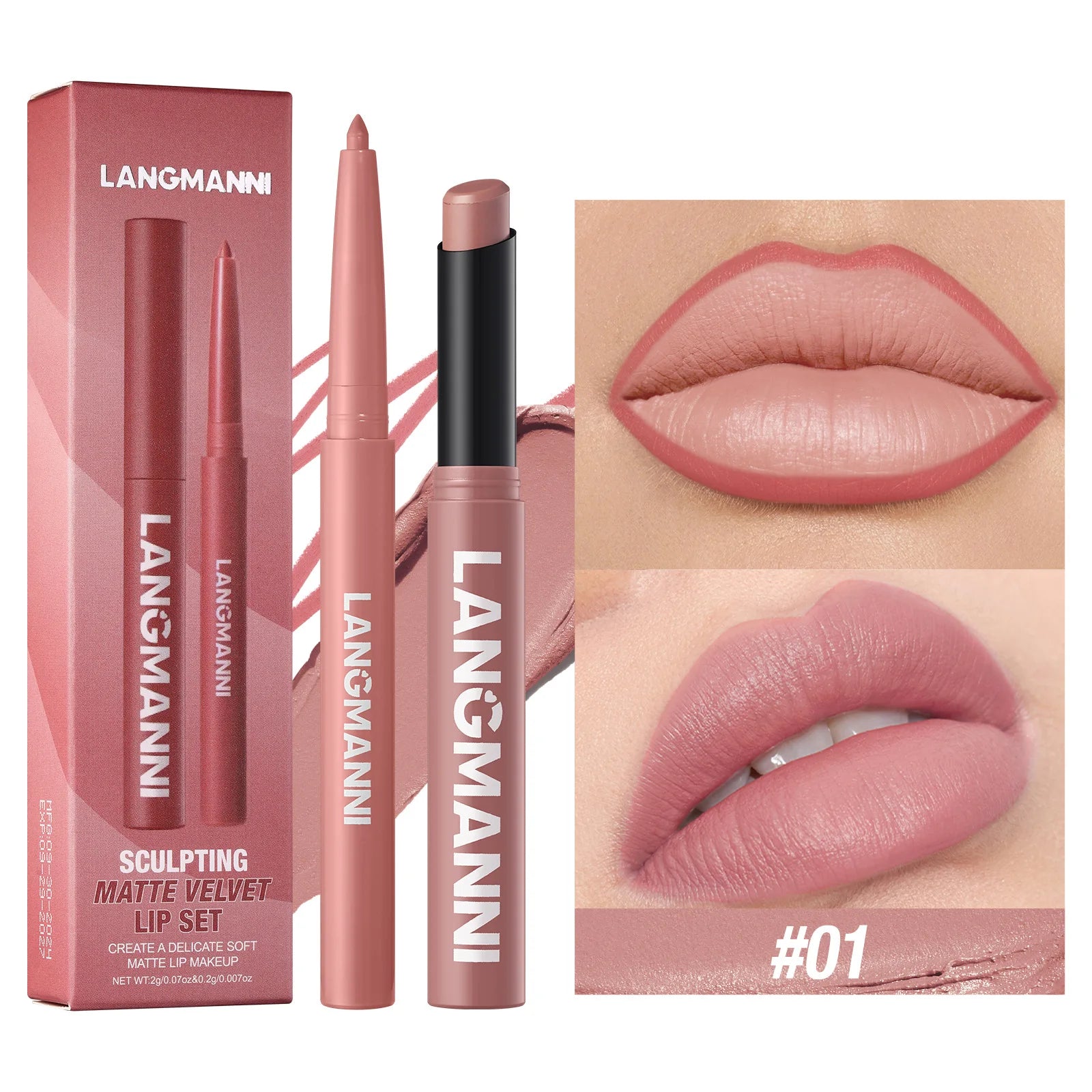 2Pcs/set Matte Soft Mist Slanted Mouth Lipstick + Lip Liner Set Combo Light Matte and Non-Drying Waterproof Non-Stick Lip Set
