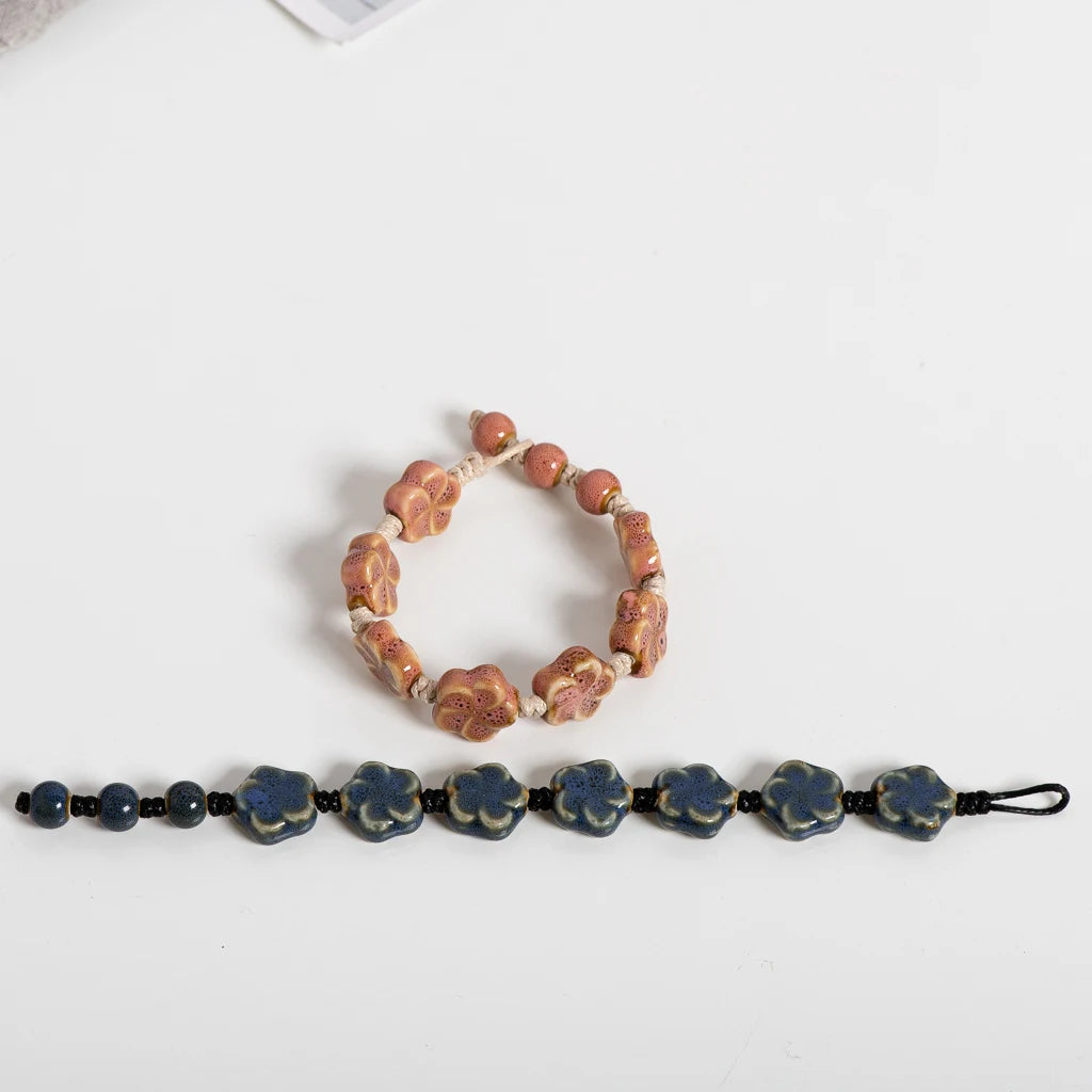 Handmade Ceramic Flower Bracelet 16–18cm Adjustable Cord Jewelry with Pink or Purple Glazed Beads for DIY Boho Style S02-057