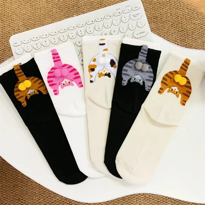 Cartoon Cat Egg Couple Socks Cozy Mid-Calf for Maternity Warm Winter Cute Present for Christmas Cat Lovers Family