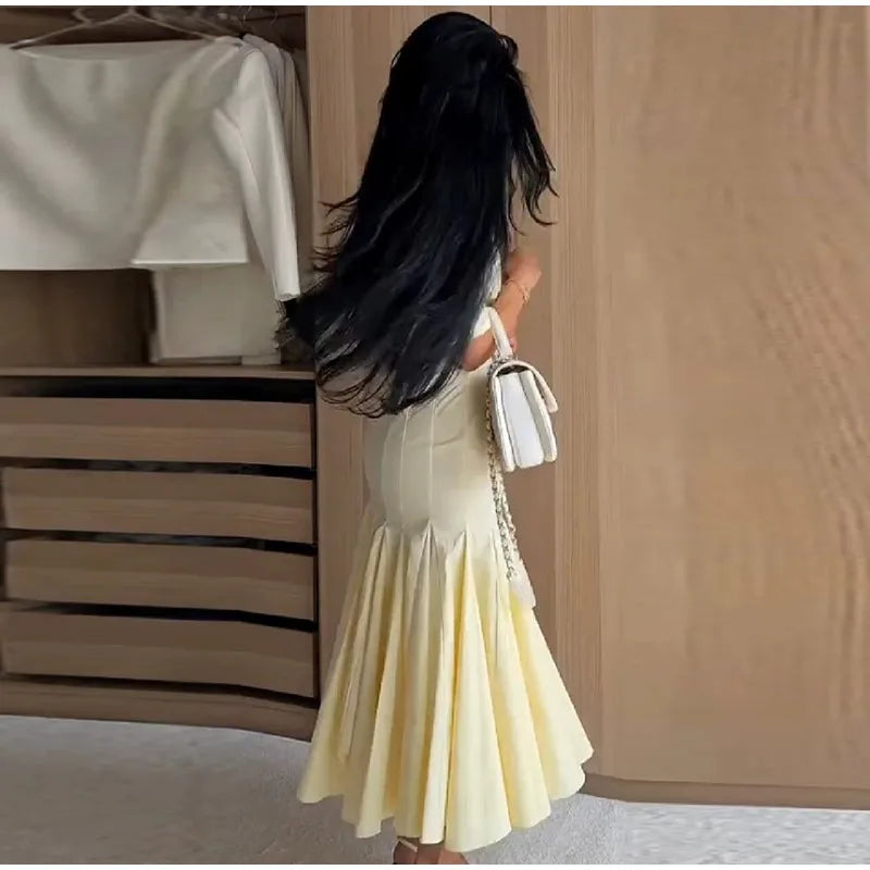 Women Fashion Solid Dress V-neck Ruffles Hem Short Sleeves Waist-cinching Draped Empire Dresses Summer Chic Elegant Summer Gown