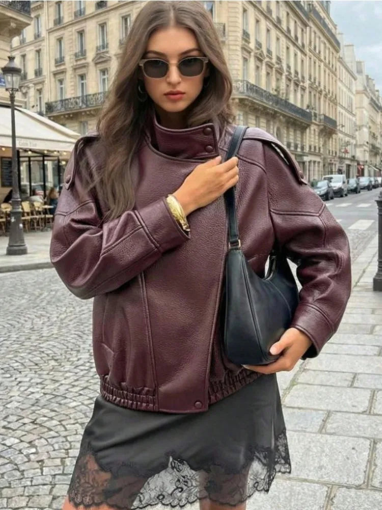 Fake leather Coat Women Y2k Faux Leather Jacket New Casual PU Jacket Motorcycle Style Leather Jacket Pebble Fall Personality