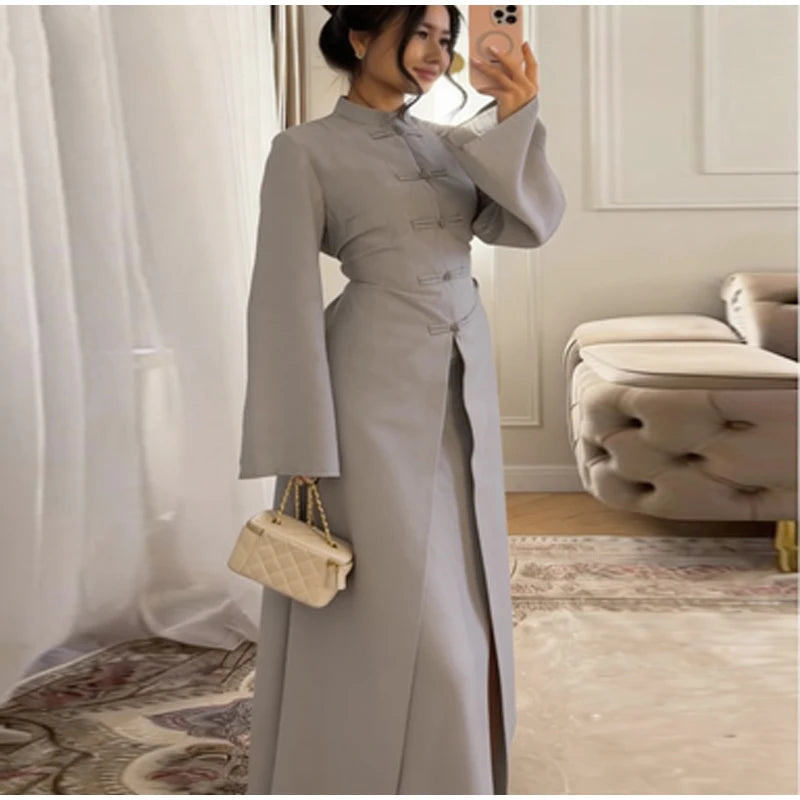 Chinese Style Frog Button Two Piece Set Long Flared Sleeve Ruched Waist Traditional Oriental Outline Sets Spring Picnic Outfit