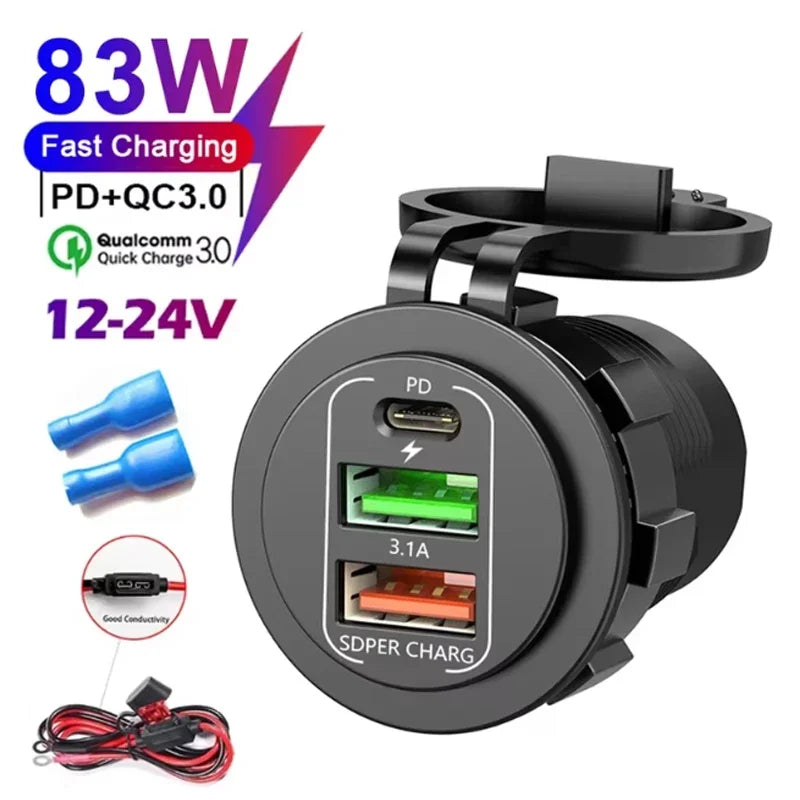 NEW 4 Ports Dual PD Dual QC 3.0 USB Car Charger with Voltmeter Socket Power Outlet Adapter Waterproof for 12V/24V Car Boat
