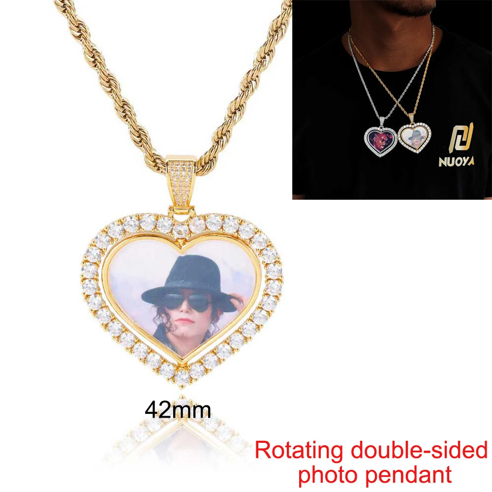 Custom Photo Necklace Circle Chain Personalized Medallion Memory Picture Pendant Solid Back Zircon Hip Hop Jewelry Free Engrave