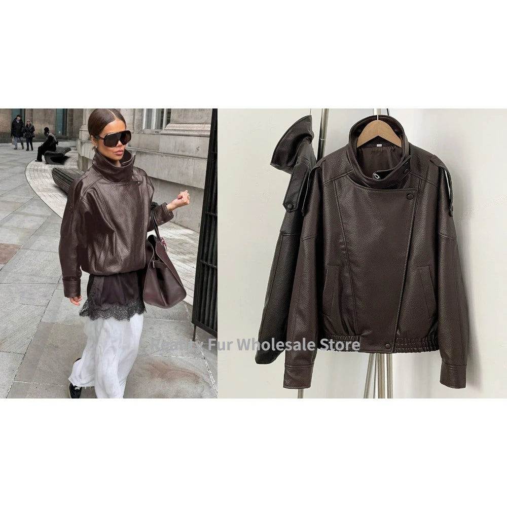 Fake leather Coat Women Y2k Faux Leather Jacket New Casual PU Jacket Motorcycle Style Leather Jacket Pebble Fall Personality