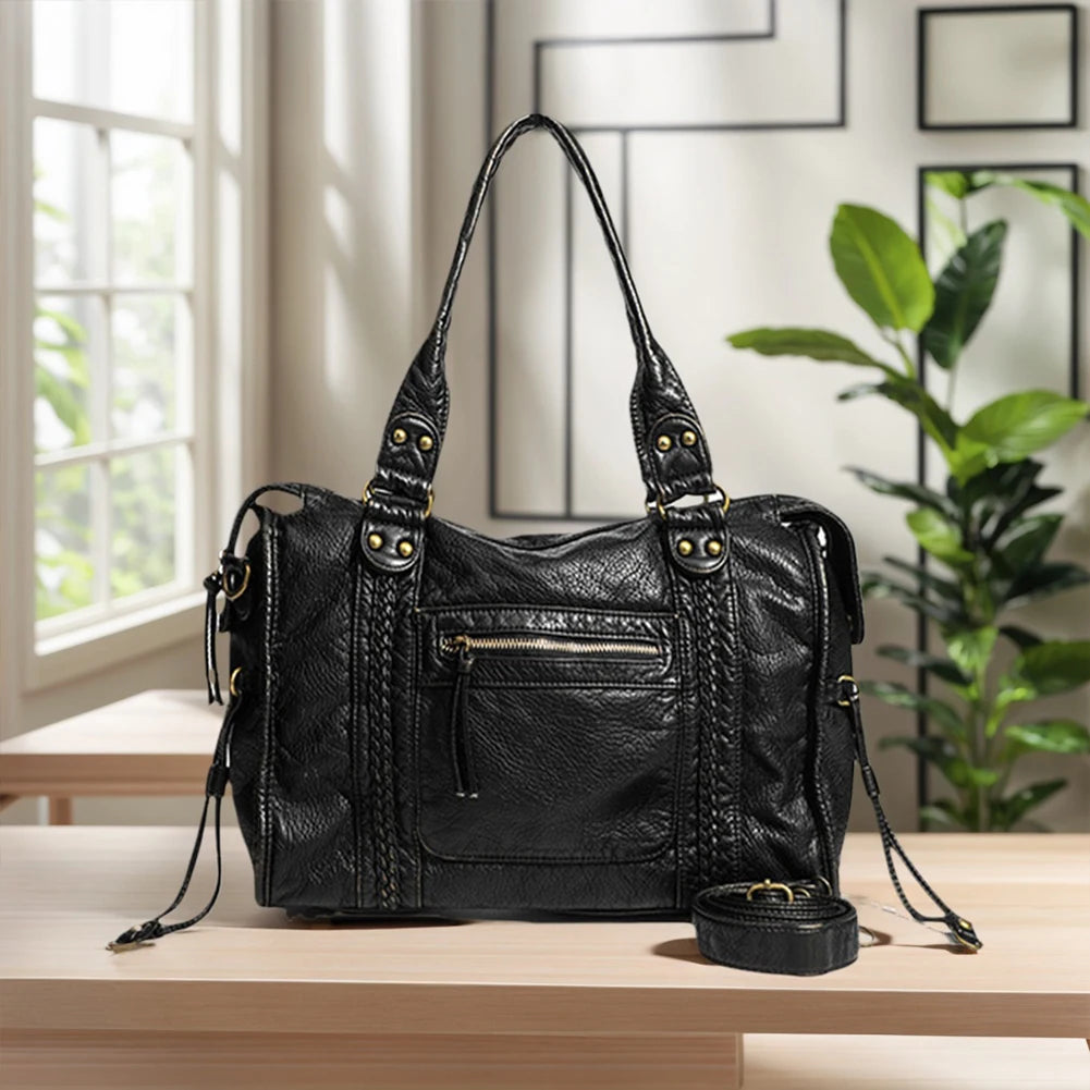 Leather Retro Shoulder Bag for Women with Pockets Utility Handbags Top Handle Bag Shopper Bag for Work Travel