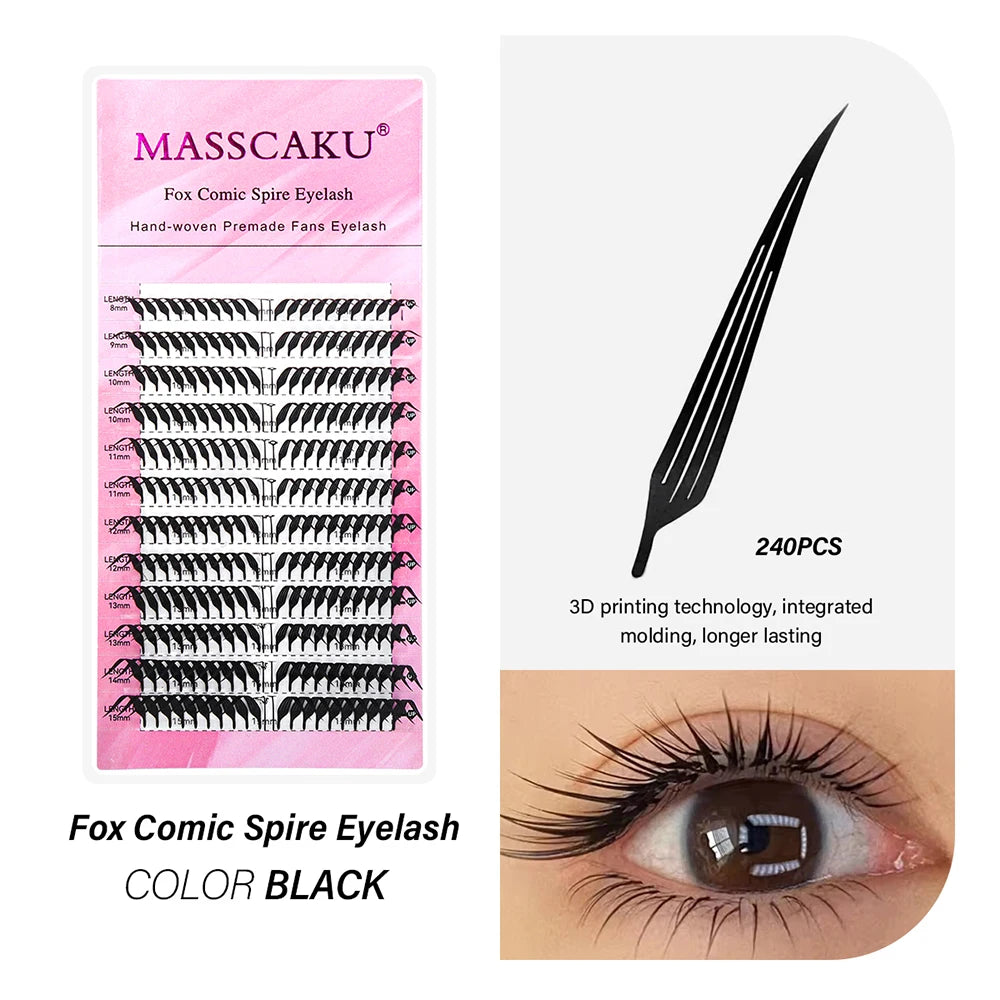 MASSCAKU Fox Comic Spire Lash Extensions C D Curl 8-15mm Mix Natural Manga Style Eyelash Professional Premade Fans Eyelashes
