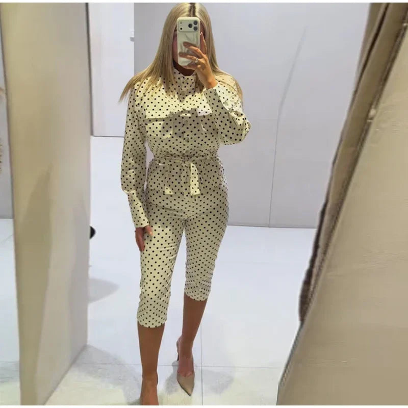 2026 Spring Polka Dot Capri Pants Sets Chic Women Stand Collar Lace Up Jacket High Waist Pencil Pants Lady 2 Pcs Outfits Street