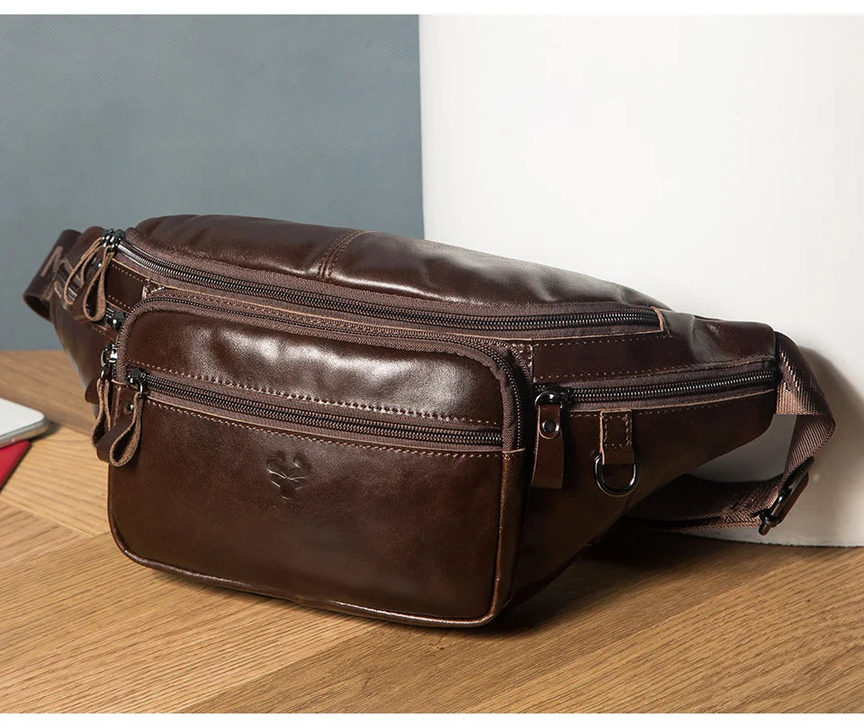 HUMERPAUL Genuine Leather Waist Bag Casual Fanny Pack For Men Multifunction Outdoor Chest Bag Phone Pouch Travel Crossbody Bages