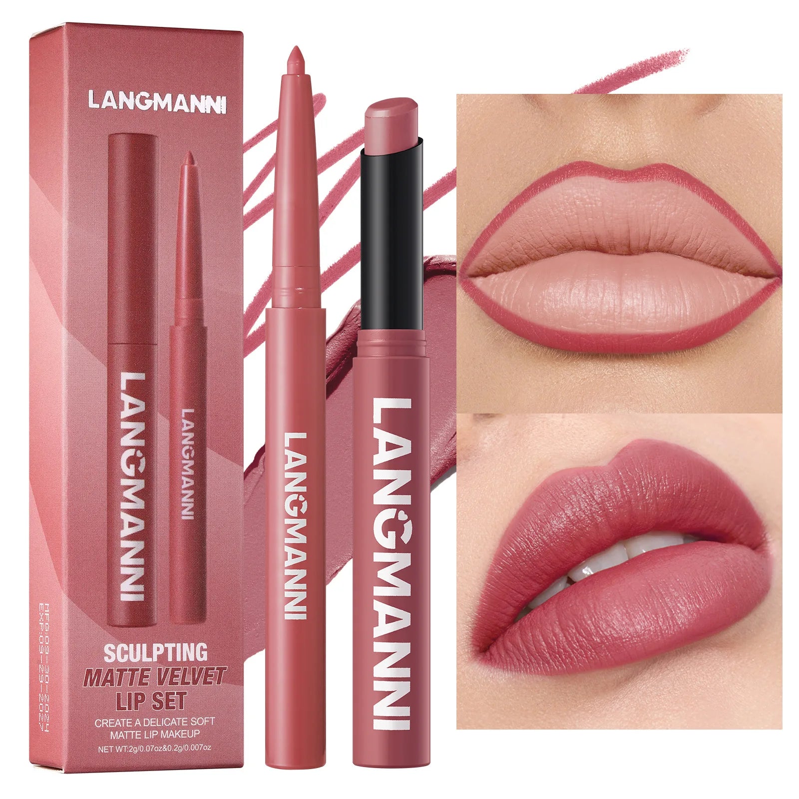 2Pcs/set Matte Soft Mist Slanted Mouth Lipstick + Lip Liner Set Combo Light Matte and Non-Drying Waterproof Non-Stick Lip Set