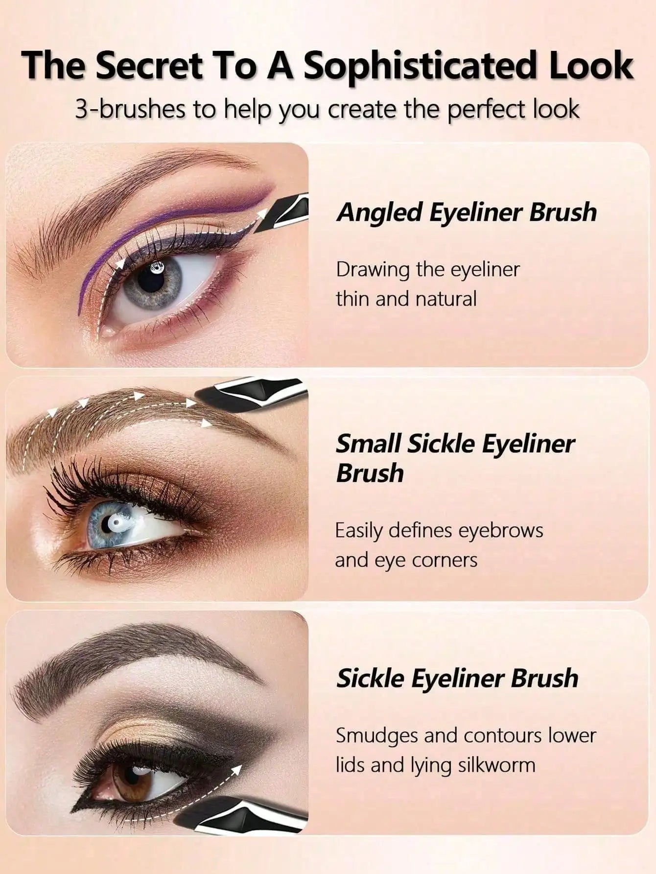 3pcs Makeup Brush Set, Including Angled Eyeliner Brush, Eyebrow Brush, And Ultra-Fine Eyeshadow Brush, Makeup Brush Set, Makeup Brush Kit, Makeup Brush Set, Full Makeup Brushes, Makeup Brush Set, Complete Makeup Tools, Makeup
