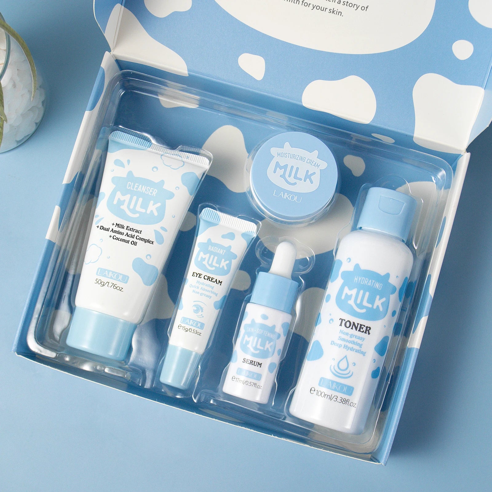 LAIKOU Milk Glowing Skincare Set Hydrating Brightening Anti-Age Firming Facial Care Cleanser Toner Serum Eye Cream Moisturizer
