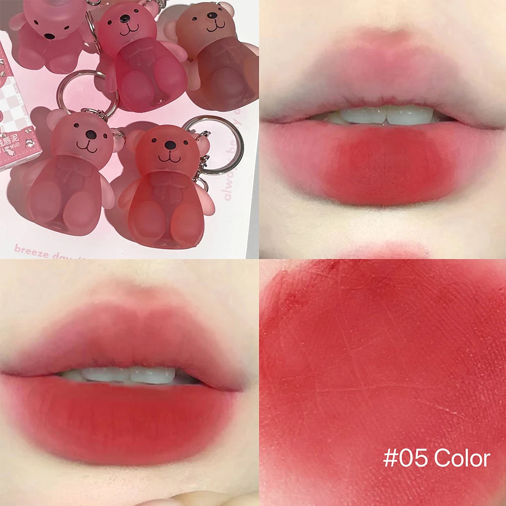Cute Bear Velvet Lip Mud Keychain Matte Nude Red Lip Gloss Autumn Winter Non-stick Cup Lipstick Waterproof Lasting Lips Makeup