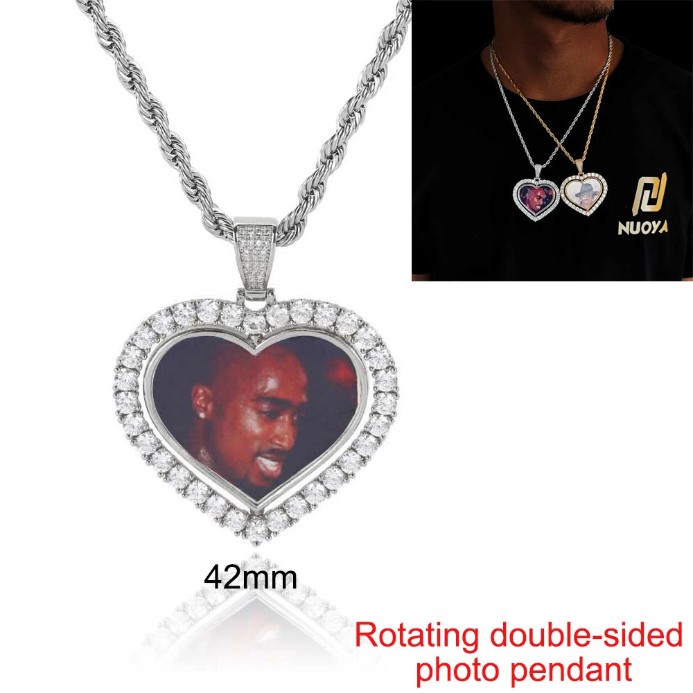 Custom Photo Necklace Circle Chain Personalized Medallion Memory Picture Pendant Solid Back Zircon Hip Hop Jewelry Free Engrave
