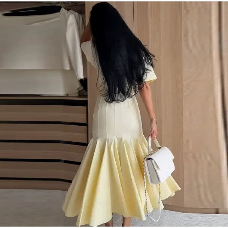 Women Fashion Solid Dress V-neck Ruffles Hem Short Sleeves Waist-cinching Draped Empire Dresses Summer Chic Elegant Summer Gown