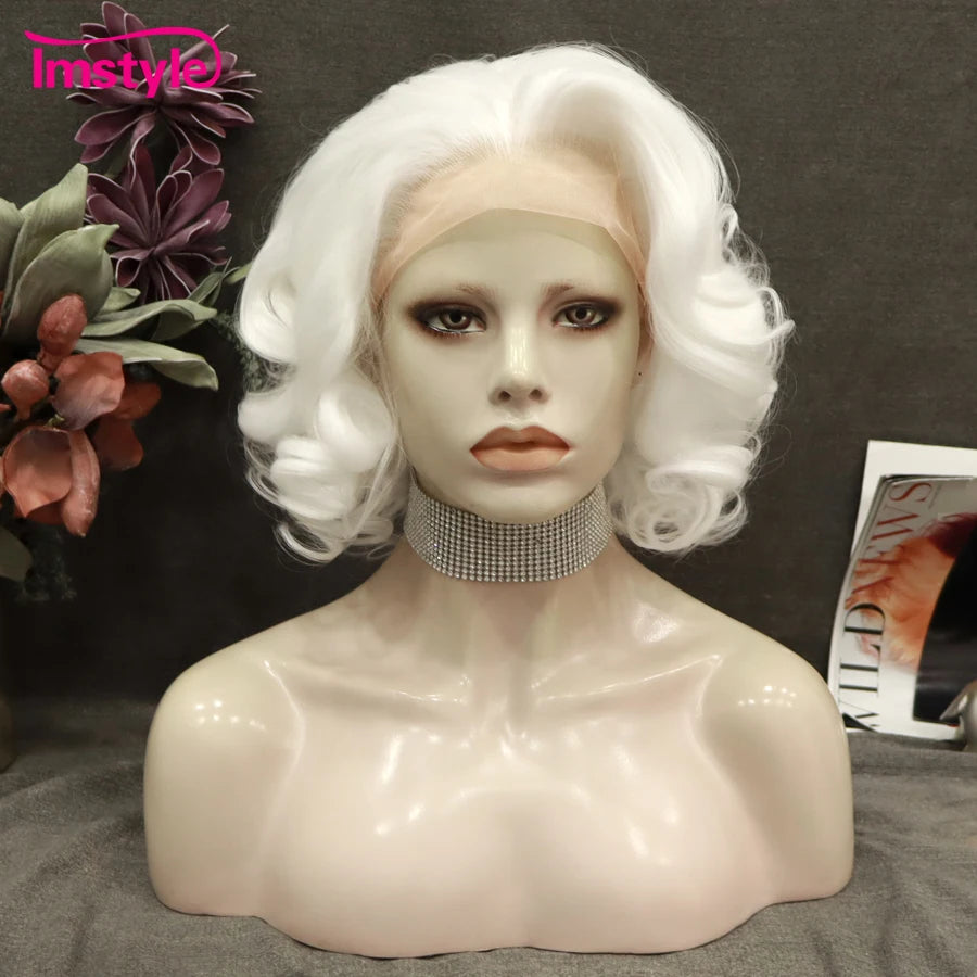 Imstyle Short Wig Grey Synthetic Lace Front Wig Natural Hairline Wavy Wig Heat Resistant Fiber Cosplay Wigs For Women Party Wig