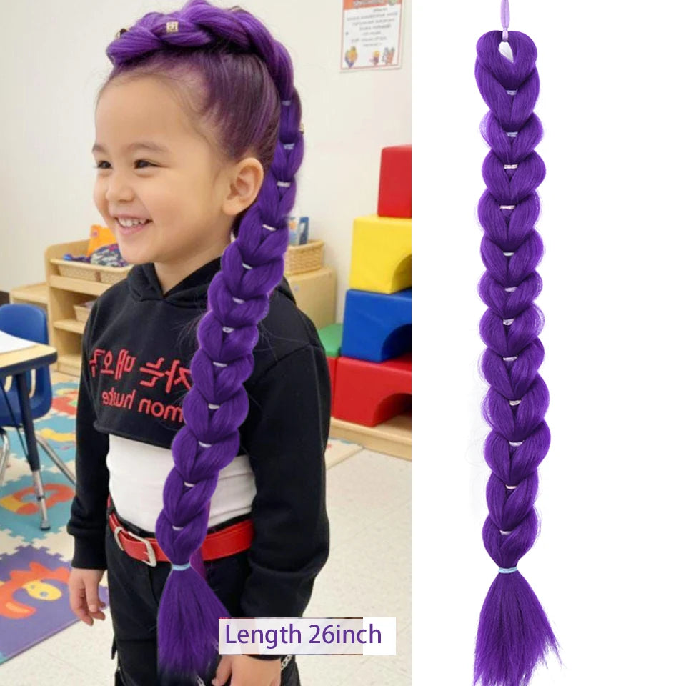 Synthetic Purple Braided Hair Ponytail Rumi Costume Hairstyle Long Ponytail with Rubber band and Clips for Kids Girls Christmas