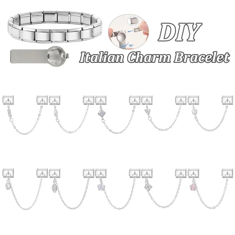 Star Butterfly Heart Zircon Round Pearls Tassel Chain Italian Charm Links Fit 9mm Bracelet Stainless Steel Women DIY Making Gift