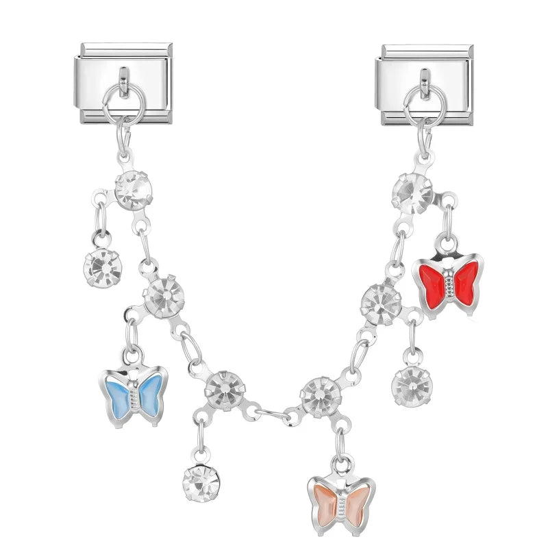 Star Butterfly Heart Zircon Round Pearls Tassel Chain Italian Charm Links Fit 9mm Bracelet Stainless Steel Women DIY Making Gift