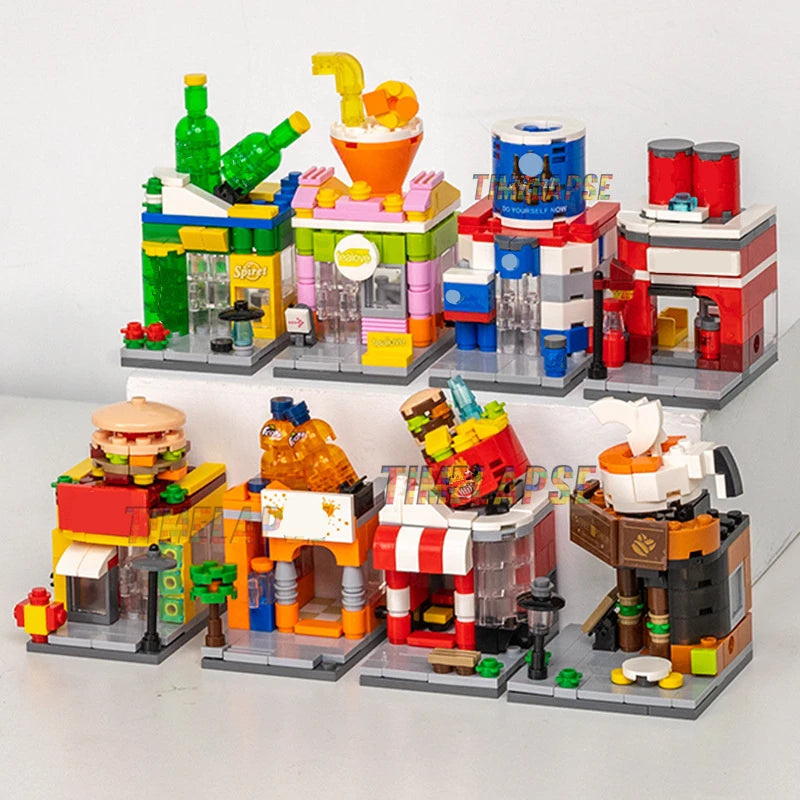 NEW Restaurant Dessert Coffee Pet Fruit Store Street View Food House Building Blocks Kit  Bricks Model Toy
