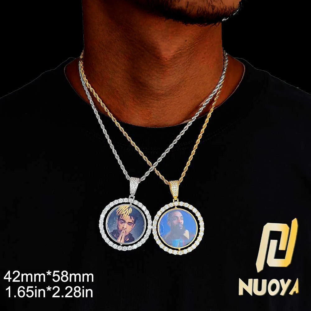 Custom Photo Necklace Circle Chain Personalized Medallion Memory Picture Pendant Solid Back Zircon Hip Hop Jewelry Free Engrave