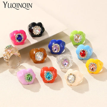 New Trendy Colorful Acrylic Rhinestone Rings Sets for Women Flower Large Finger Rings for Girls Korean Party Jewelry INS Gifts
