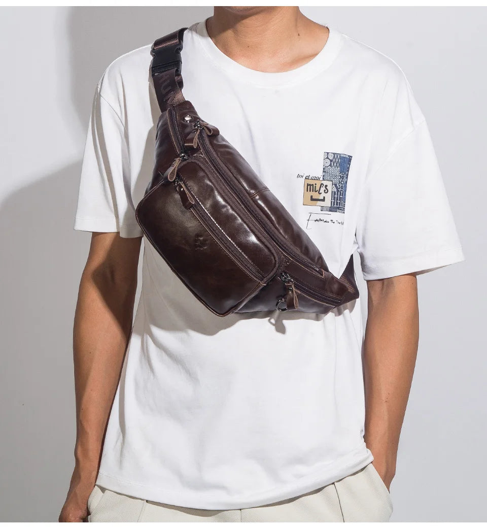 HUMERPAUL Genuine Leather Waist Bag Casual Fanny Pack For Men Multifunction Outdoor Chest Bag Phone Pouch Travel Crossbody Bages