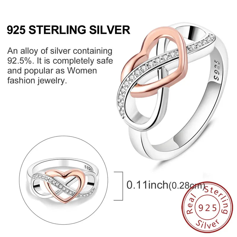 Anillos Apilables de Plata Esterlina 925 (Nuevos) – Lazo Rosa + Corazón (Tema Amor), Adecuados para Mujer y Chica