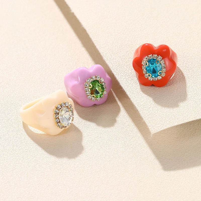 New Trendy Colorful Acrylic Rhinestone Rings Sets for Women Flower Large Finger Rings for Girls Korean Party Jewelry INS Gifts