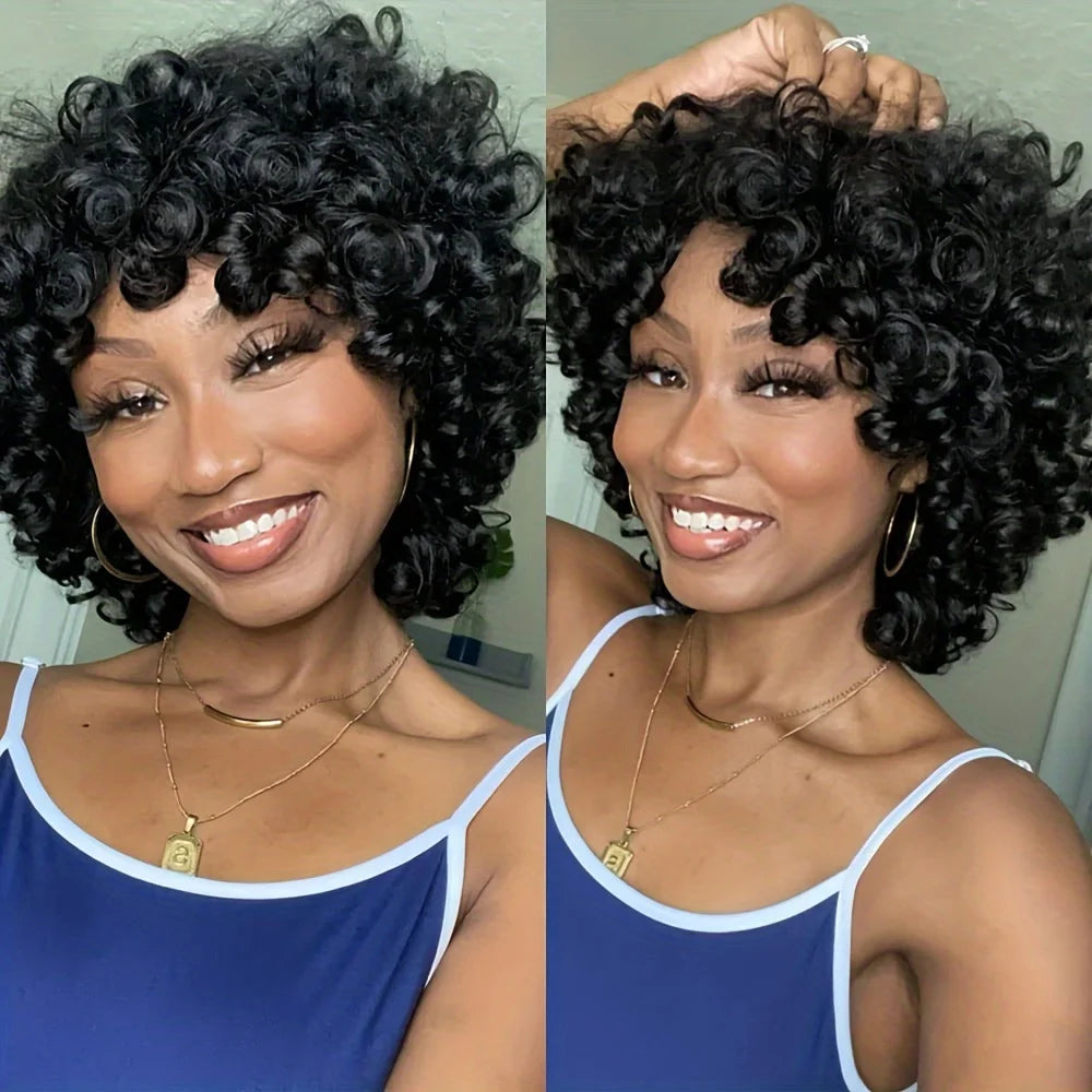 Fumi Curly Human Hair Wigs Fringe Wig Pixie Cut Rose Curly Cheap Full Machine Made Wigs Egg Curl Short Bob Wig With Bangs