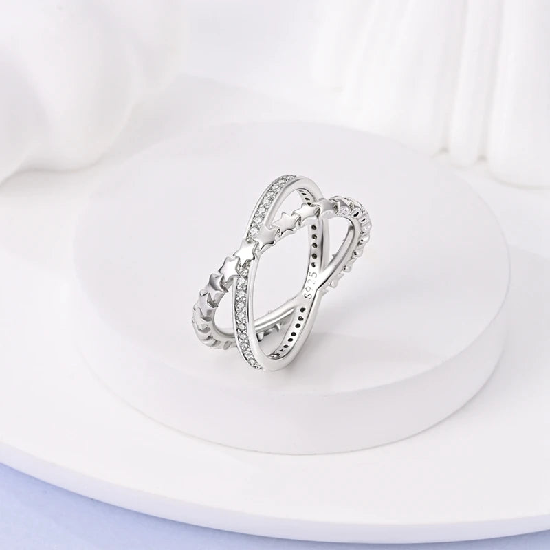 Rings For Women 925 Silver Sparkling Zircon Minimalist Geometric Star X Rings Romantic Wedding Engagement Valentine Jewelry Gift