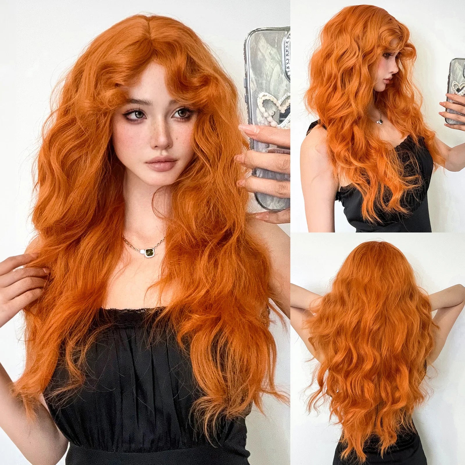 Party Wigs for Girls Fluffy Curly Hair with Bangs Orange Synthetic Wig for Women Cosplay Wigs Natural Daily Heat Resistant Fiber