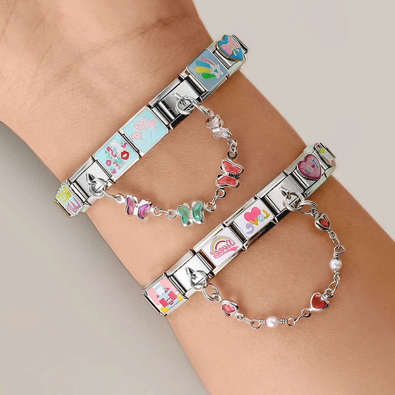 Star Butterfly Heart Zircon Round Pearls Tassel Chain Italian Charm Links Fit 9mm Bracelet Stainless Steel Women DIY Making Gift