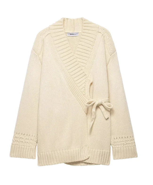 Chic V-neck Knitted Lace-up Women Cardigan Elegant Solid Full Sleeve Loose Cropped Sweater 2026 Lady Commute Office Cardigans