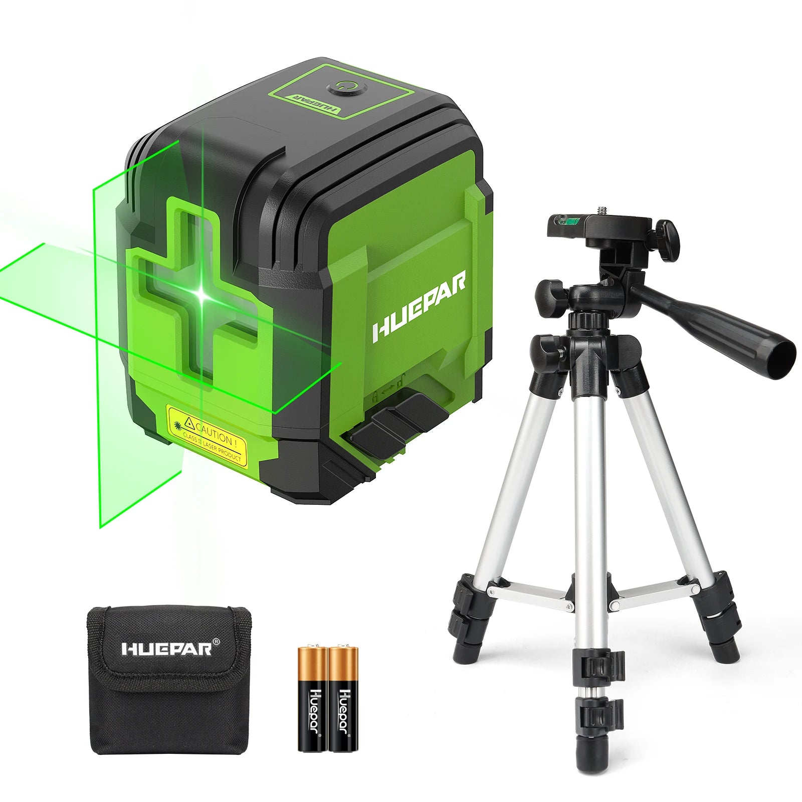 Huepar 2 Lines Laser Level with Tripod 98Ft Self-Leveling Horizontal & Vertical Green Cross Line Laser with Carrying Bag